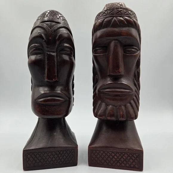 Hand Carved Wood African Tribal Woman & Man Busts 1950s-1960s Statues 9.5 VTG